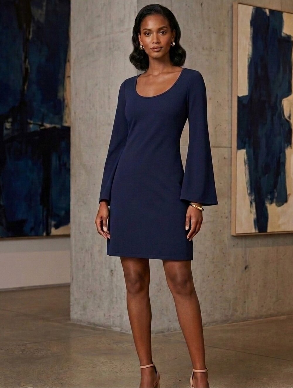 Muse Navy Scoop Neck Mini Dress with Bell Sleeves
